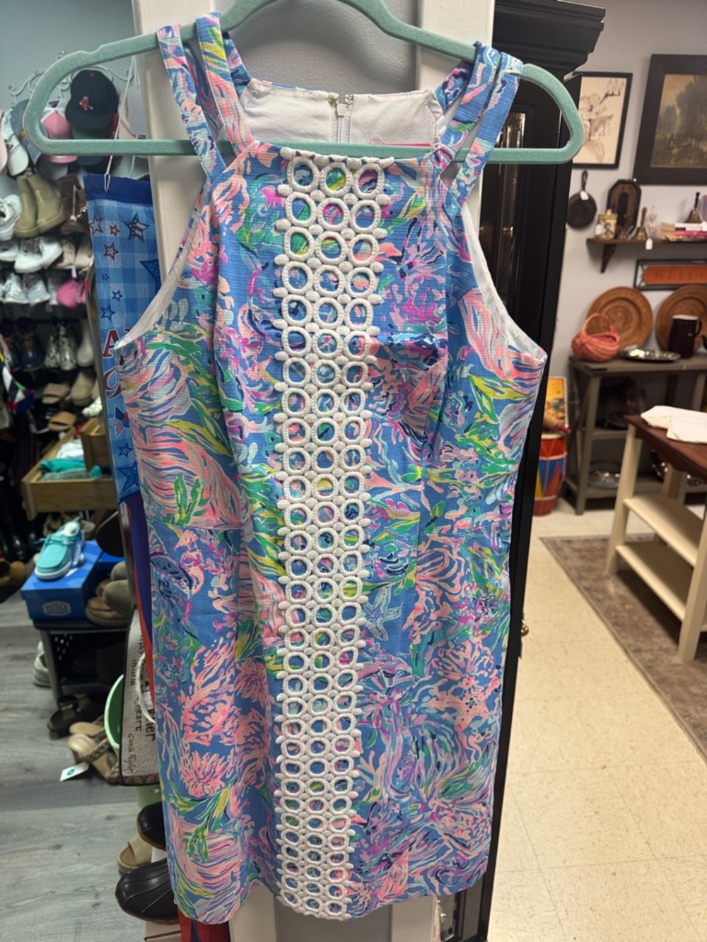 Lilly Pulitzer Blue Pink Green Sleeveless Shift Dress with Crochet Trim